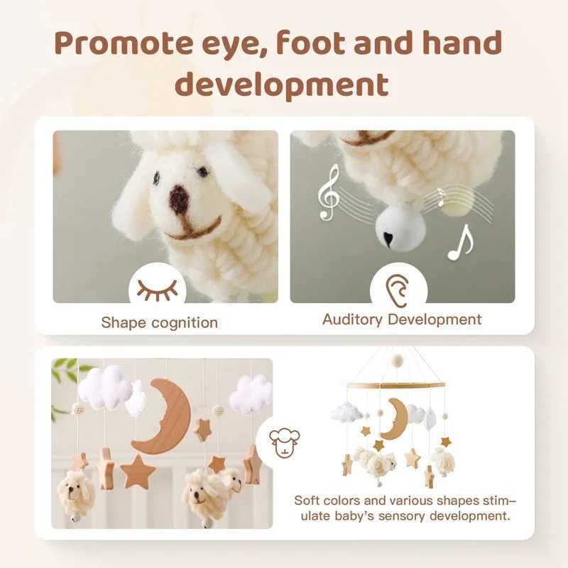 Wooden baby mouse mobile 0-12 months soft felt cartoon sheep star moon crescent music box hammock Bell mobile baby crib bracket toy W240815