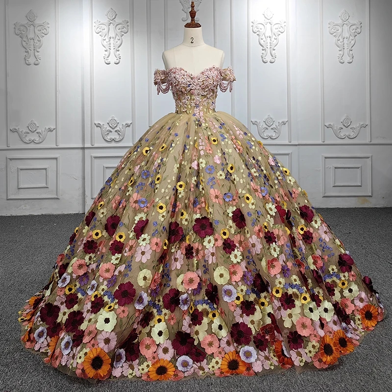 Champagne Princess Ball Gown Quinceanera Dresses Off the Shoulder wer Pearl Tull Lace Up vestidos 15 anos Sweet 16 Dress