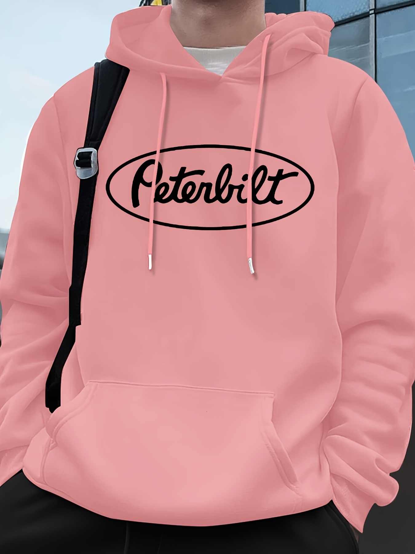 Casual Hooded Sweatshirt with Pocket - Knit Fabric Regular Fit Polyester Hoodie with Geometric Peterbilt Logo for Autumn/Winter
