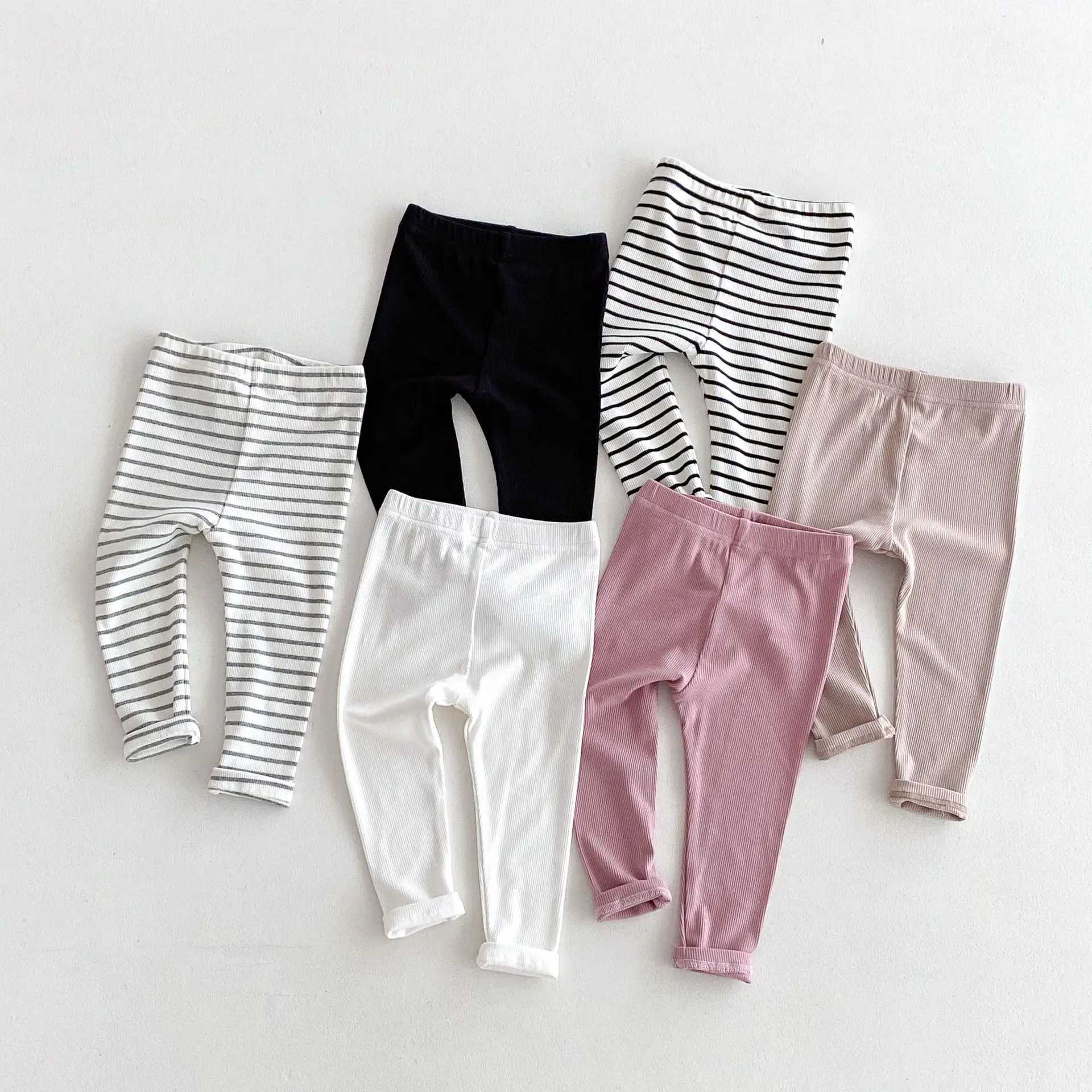 2024 Autumn New Children Solid Leggings Kids Tights Boys Girls Cotton Stretch Pants Striped Toddler Casual Versatile Trousers Y240906