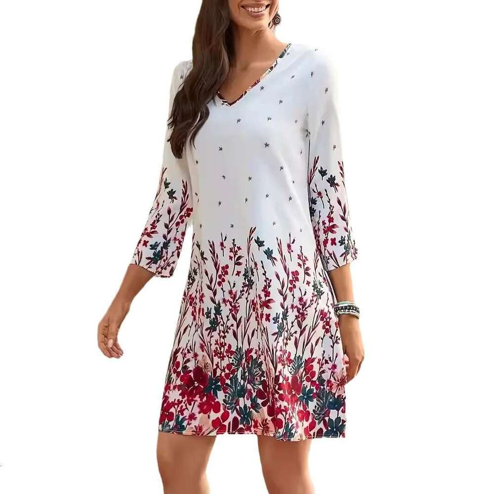TMEU Women's New Printed Fashion V-neck Floral Dress for Spring and Summer 2024