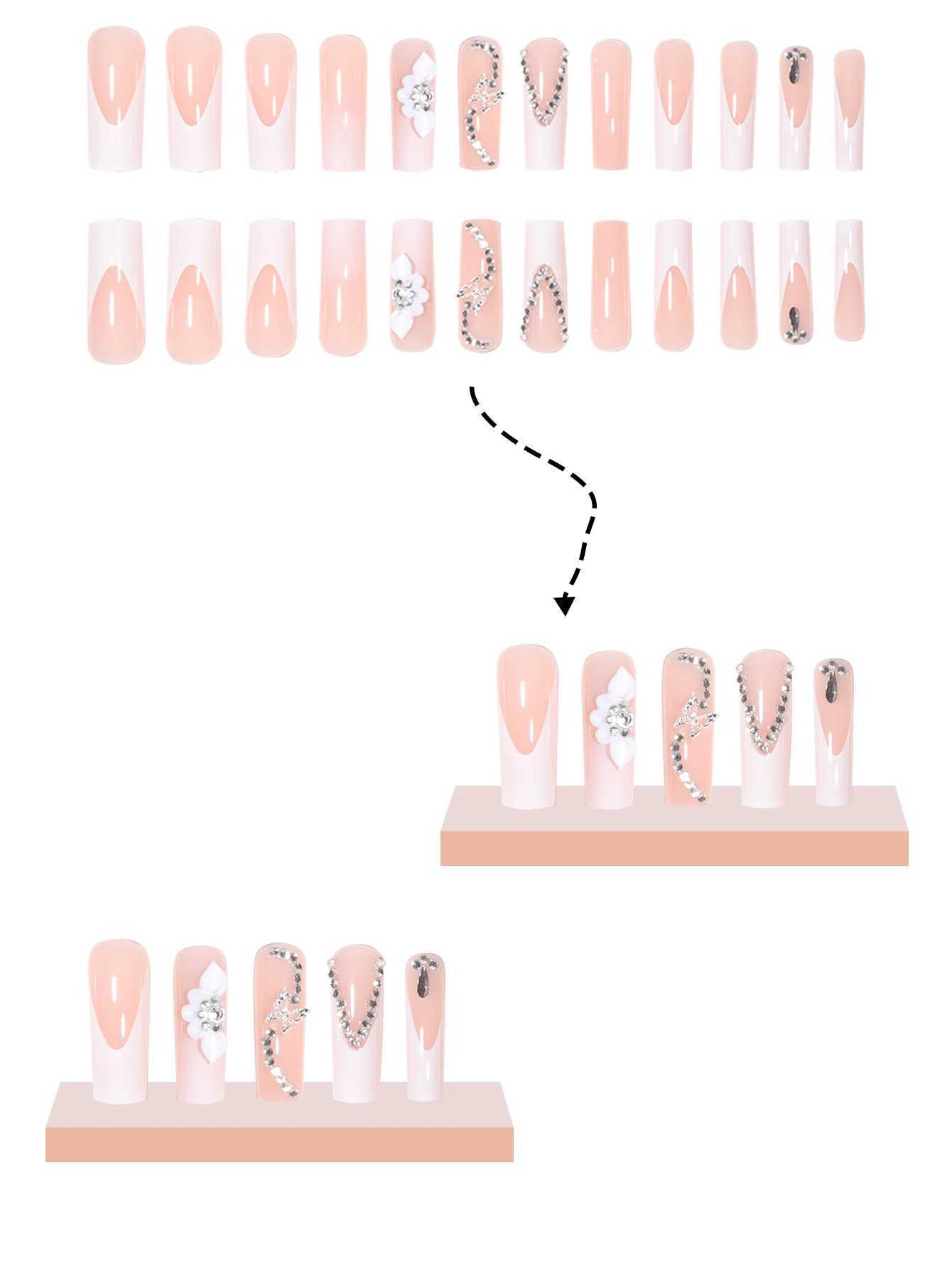 24 long coffees with French patterns flowers butterfly dots sparkling fake diamonds 1 nail file and 1 piece of jelly glue W240905