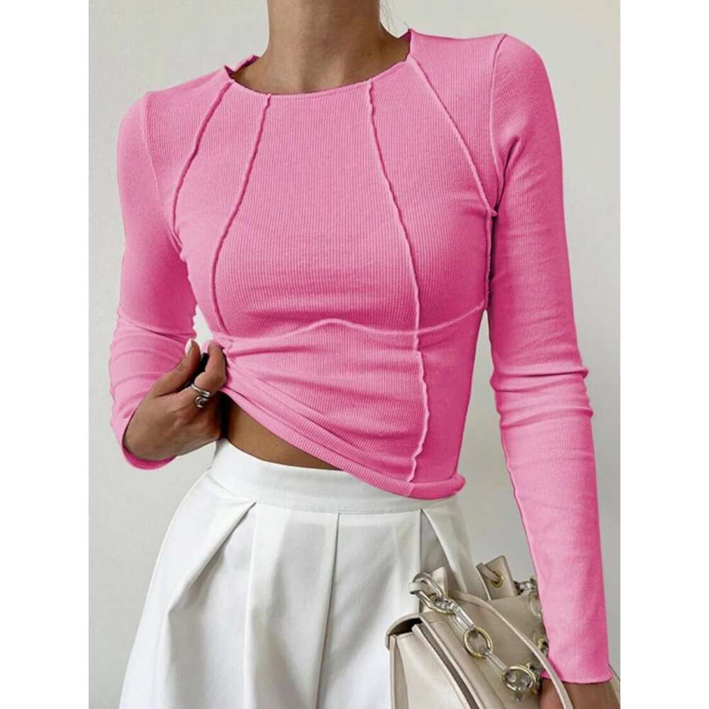 Solid color split chest long sleeved round neck T-shirt 2024 Spring and Autumn New Top for Women