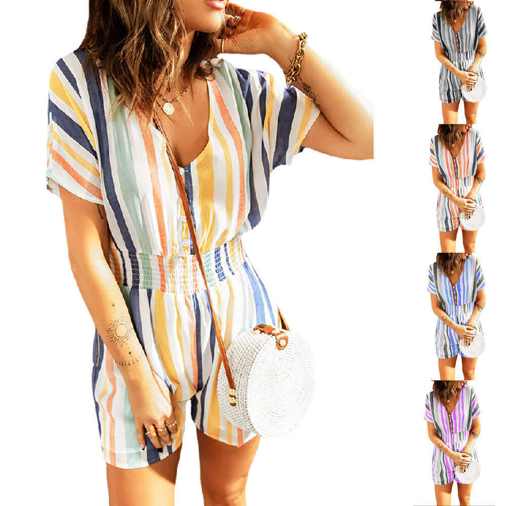 2023 Summer Fashion New Elastic Waist Stripe Printed V-neck Button jumpsuit for Women