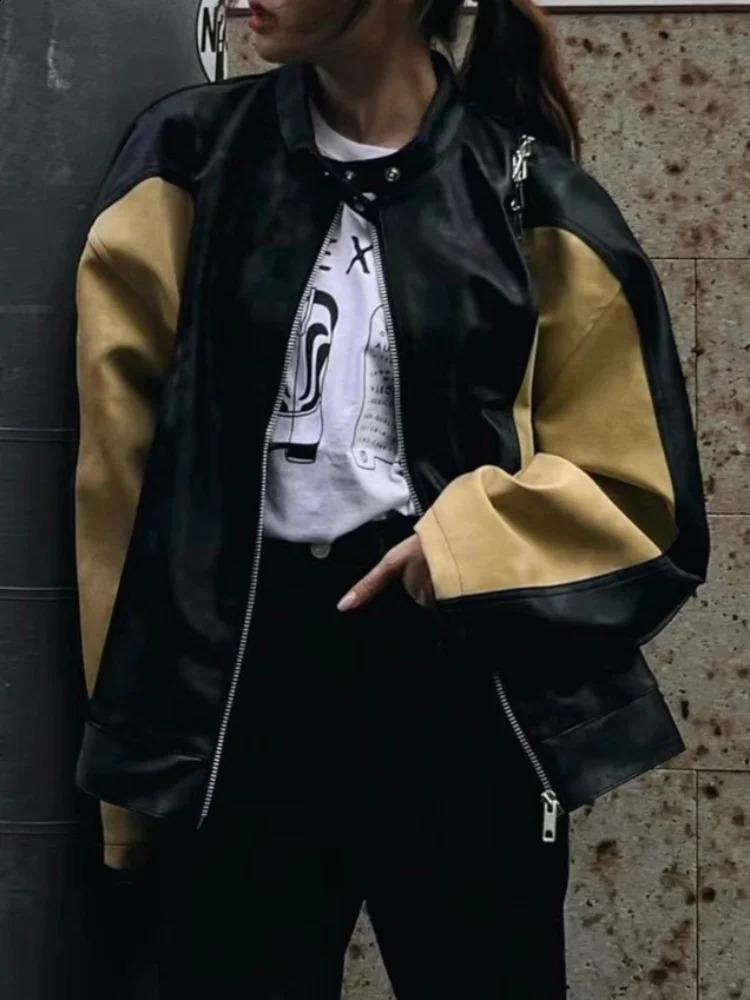 Motorcycle Leather Bomber Jackets Coats Women Bicolour Zipper Button Contrast Street Stand Collar Jacket Autumn Outwear Tops 240904