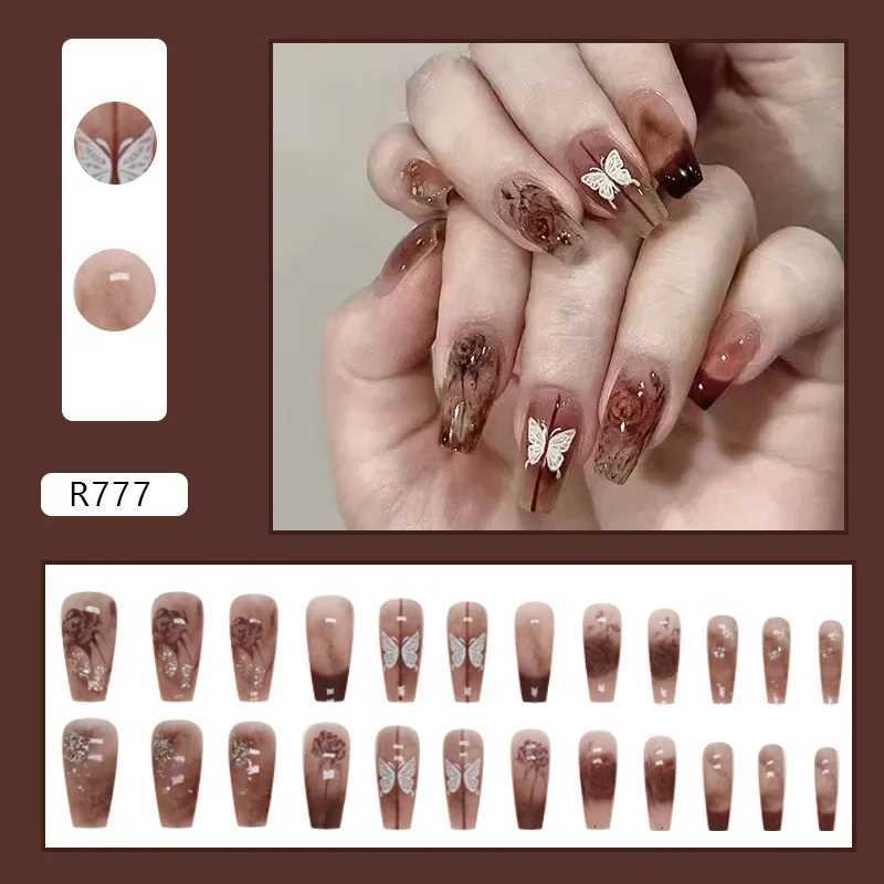 Heallor Frozen Rose Wearable Pink Pressing Fake Nail Tip Glue Fake Nail Design Butterfly Cute Girl Fake Nail W240905