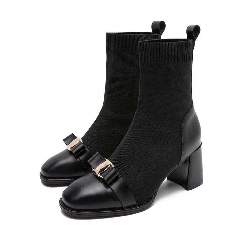 Autumn Womens Knitted Ankle Boots Fashion Metal Decorative Weight Loss Short Boots Autumn Winter Womens Thick Boots CL240906