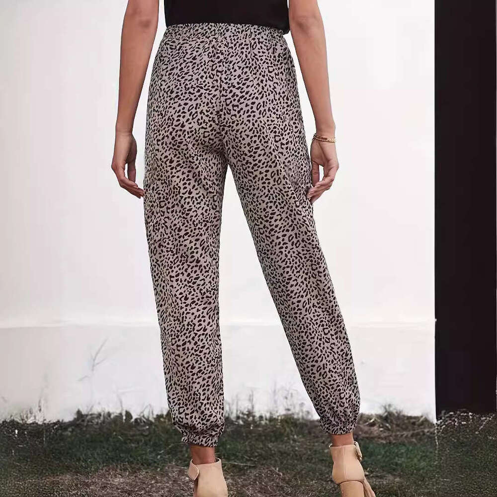 Leopard print casual pants women, high waisted slimming, loose and elastic fit, small ankle sports sweatpants for women