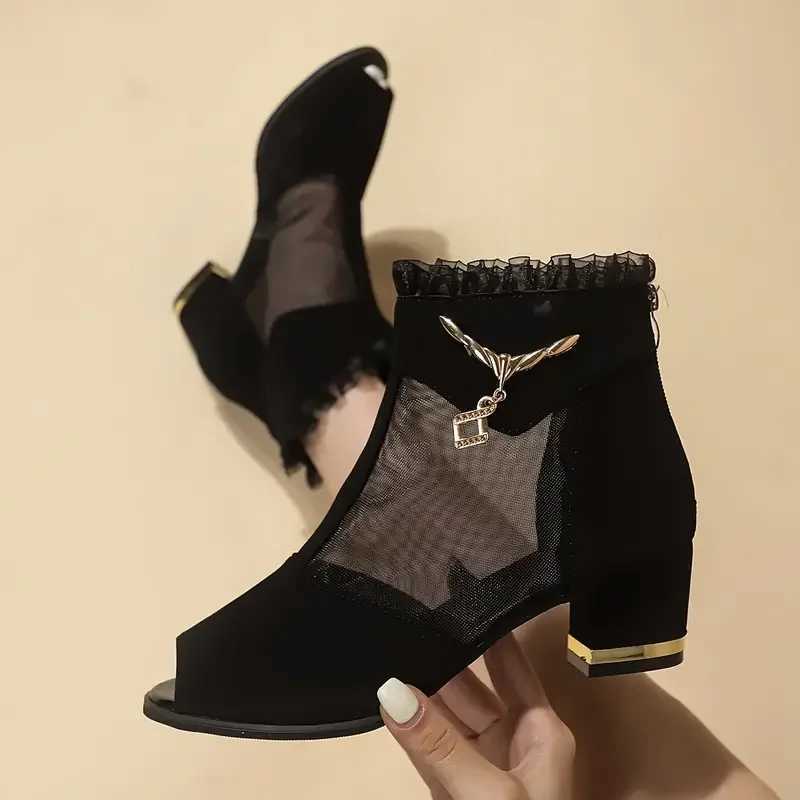 Spring and autumn breathable mesh high heels comfortable thick high heels open toe womens shoes fashionable back zipper low boots CL240906