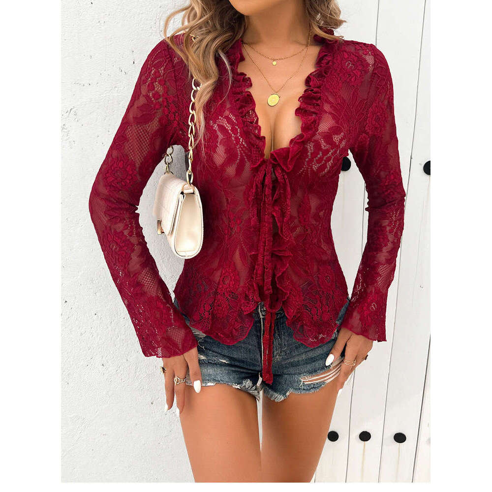 Women's 2024 autumn sexy slim fit long sleeved cardigan lace top for women