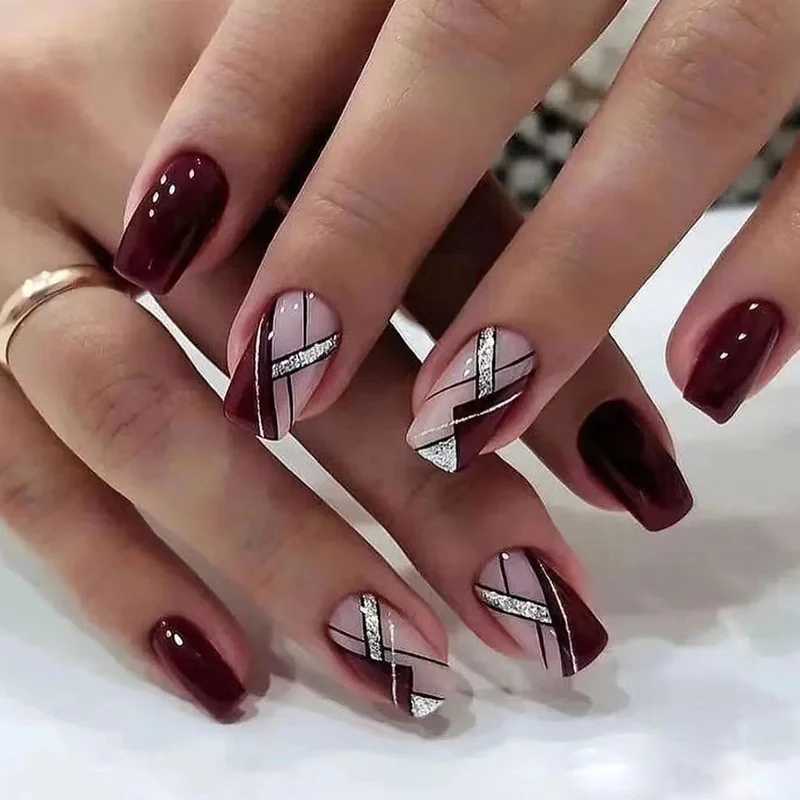 24 pieces of nude false nails art tips for professional geometry false pressing acrylic nail set gel reusable false short nails W240905
