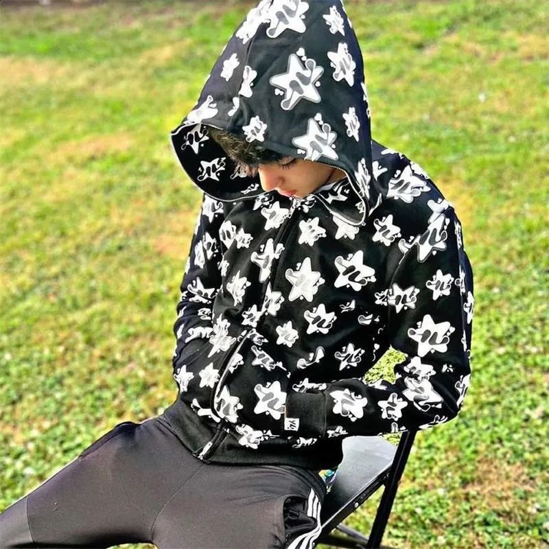 Zipper Hoodie Star Printed Gothic Punk Sweater Mens Hoodie Sports Coat Zipper Gothic Long Sleeve Super Dalian Hoodie Y2K 240905