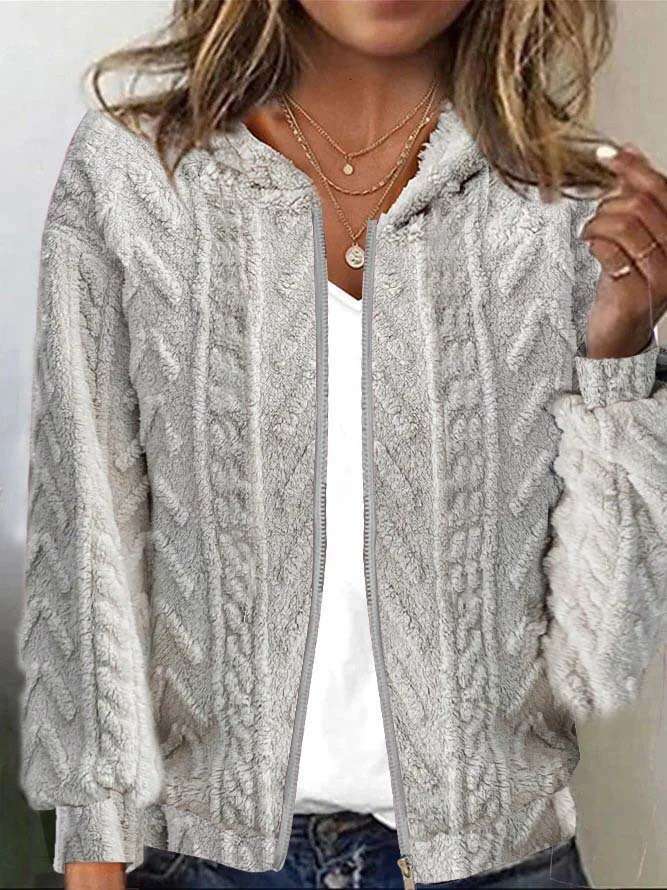 Women's 2024 Autumn/Winter New Comfortable and Casual Hooded Jacquard Long Sleeve Plush Coat