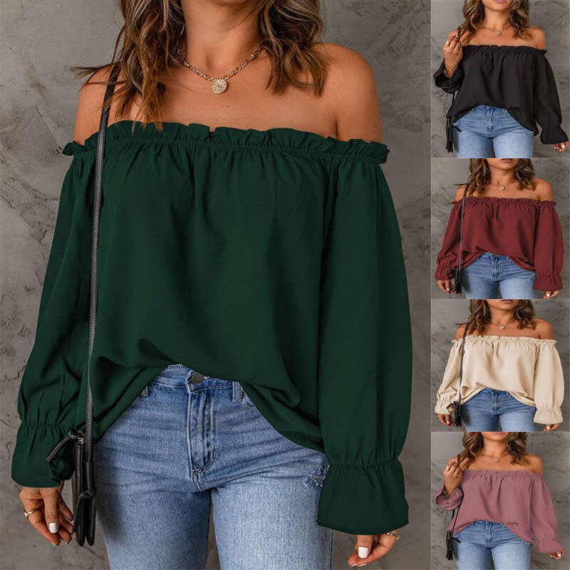 One line neck chiffon shirt Spring and Autumn new solid color pullover sexy off shoulder top for women