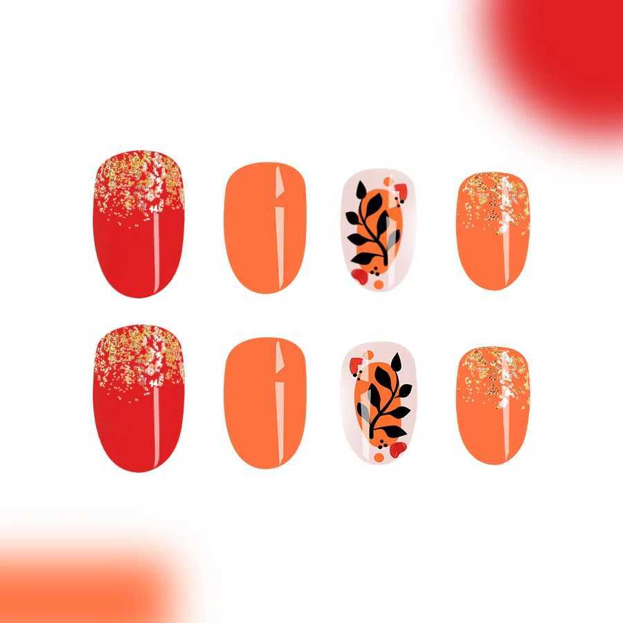 24 Smooth Short Almond Fake Nails - Black Orange Gradient Press on Nails Gold Shining Lines and Leaf Design Fake Nails W240905