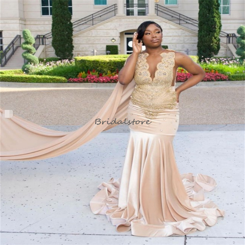 Elegant Champagne Velvet Prom Dress 2025 With Train Plus Size Rhinestone Evening Dress African Black Women Formal Occasion Dress Gorgeous vestidos de 