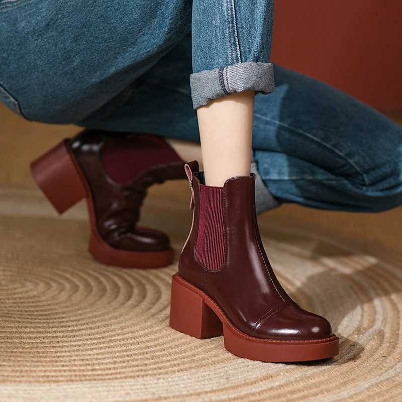 2024 Winter Genuine Leather Ankle Boots Womens Shoes Retro Round Toe Womens Shoes Platform Boots Womens Shoes Thick Boots CL240906