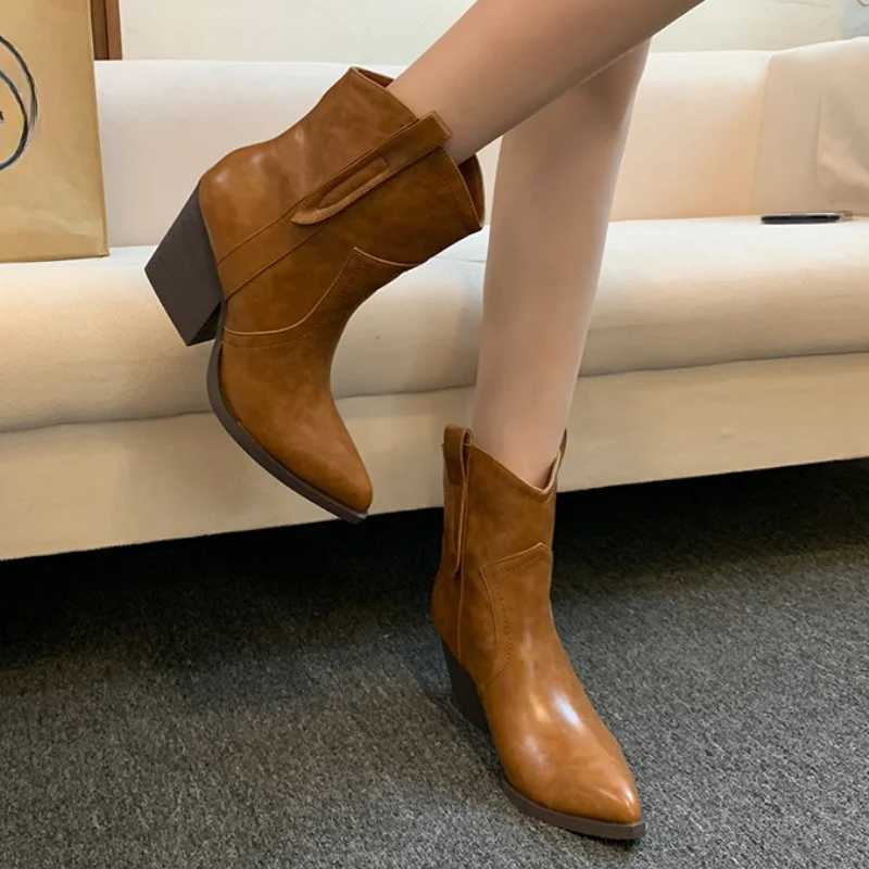 Autumn and Winter Casual Western Cowboy Ankle Boots Fashion Womens Clothing Platform Corner Toe Designer Shoes Slip on High Heels CL240906