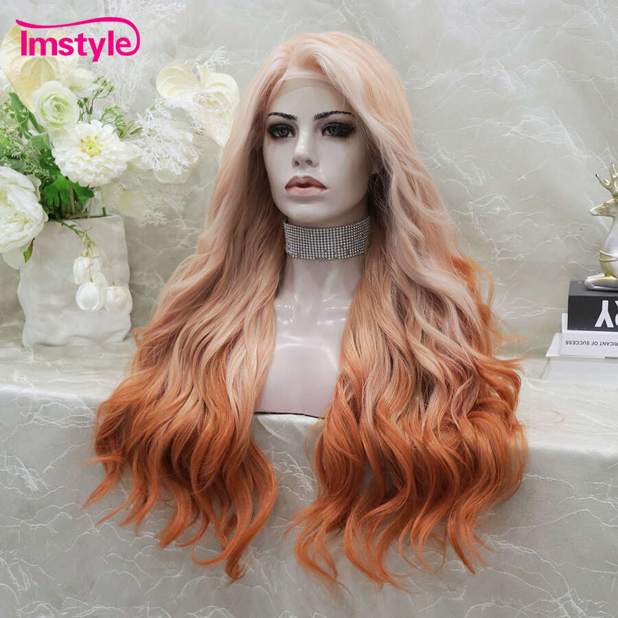 Imstyle Synthetic Front Ombre Orange For Women Wavy Long Lace Wig Heat Resistant Fiber Cosplay Wigs