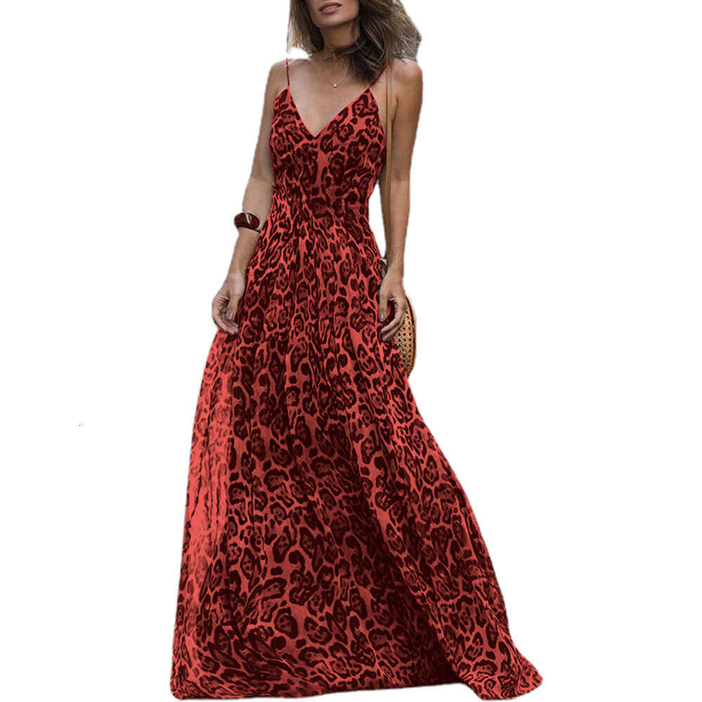 2023 Fashion Summer New Leopard Print V-Neck Sexy Strap Off Back Dress
