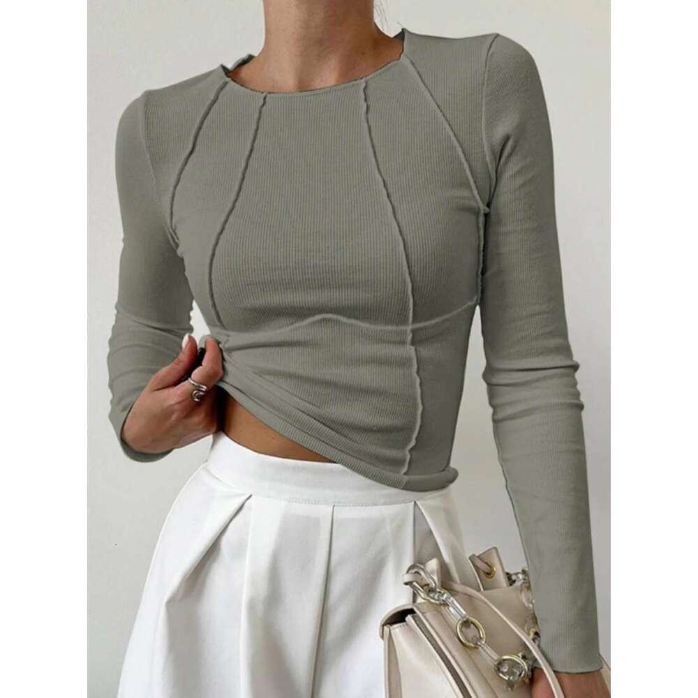 Solid color split chest long sleeved round neck T-shirt 2024 Spring and Autumn New Top for Women