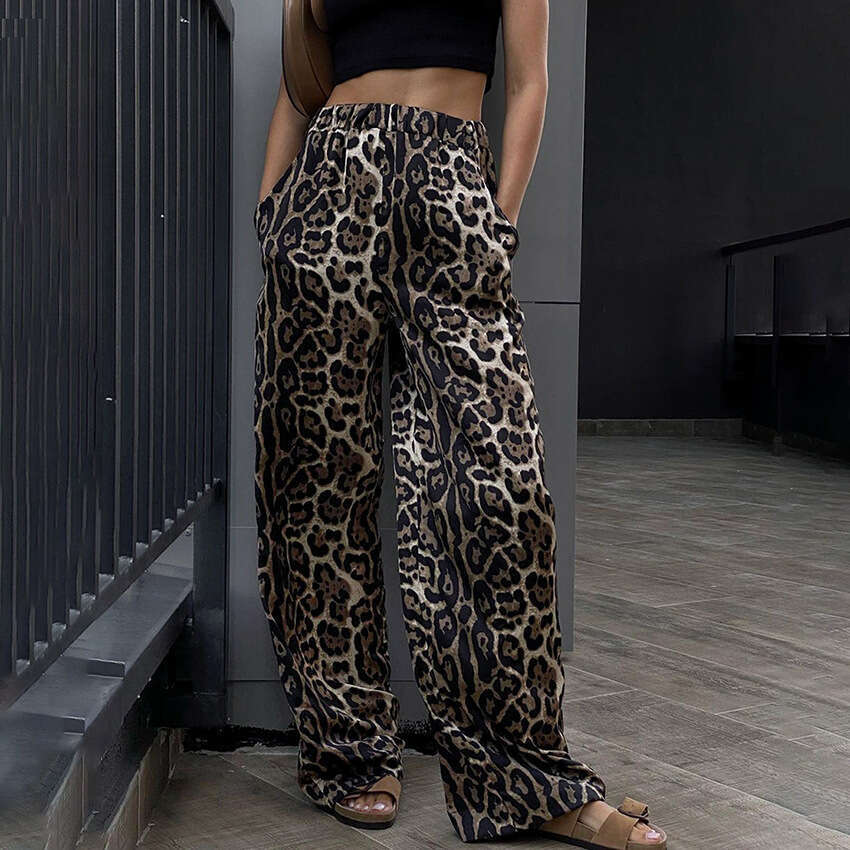 Fashionable explosive street leopard print high waisted wide leg for women in spring 2024 loose floor casual pants