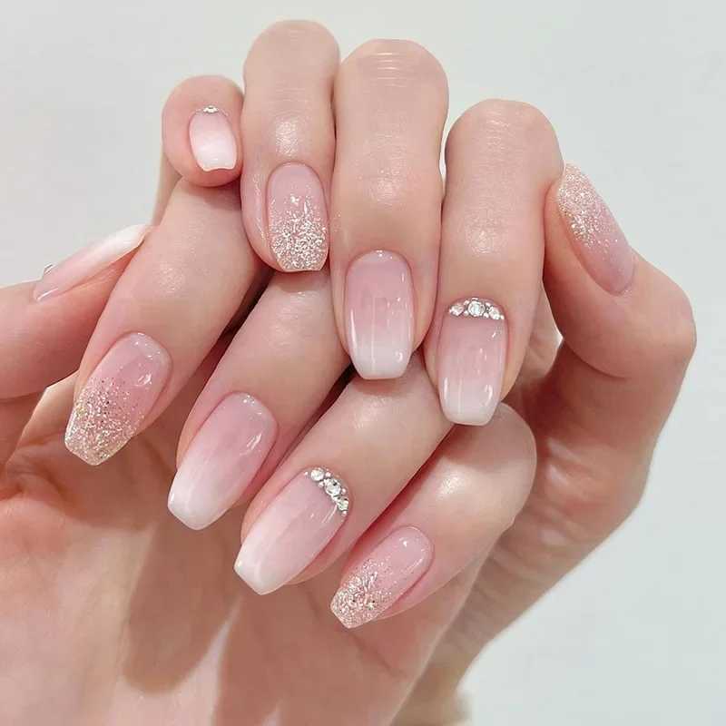 24 pieces pressed onto wearable fake nails pink gradient shimmer butterfly rhinestone fake nails fully covered acrylic nail tips W240905
