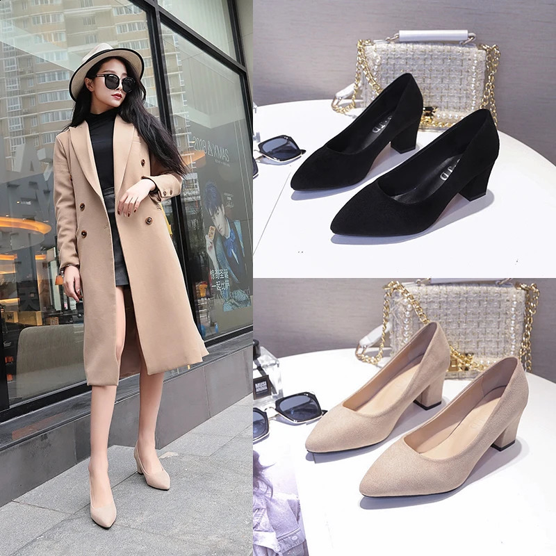 Plus Size 35-43 Women Dress Shoes Square Heeled Pumps Faux Suede Ladies Shoes Pointed Toe Boat Shoes Woman Medium Heeled N6973 240904