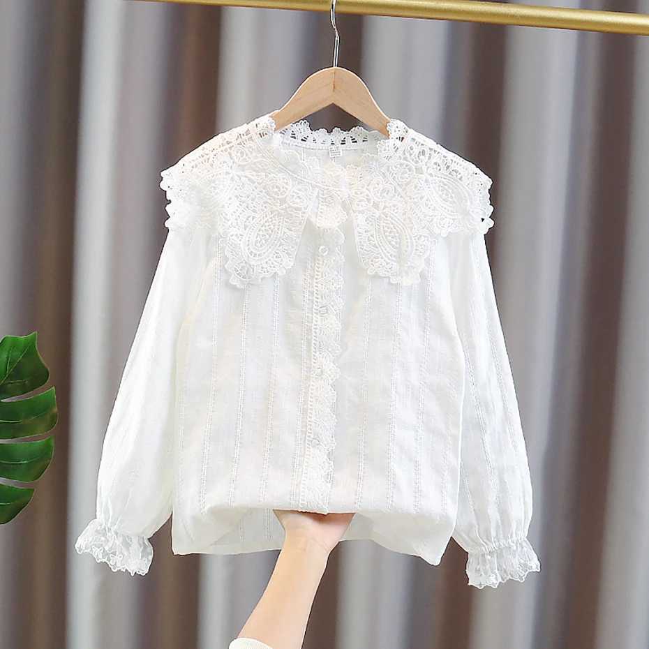 Girls White Blouse Lace Floral Blouse For Girl Long Sleeve Children Blouse Casual Style Teenage Clothes For Girls 6 8 10 12 14 Y240906