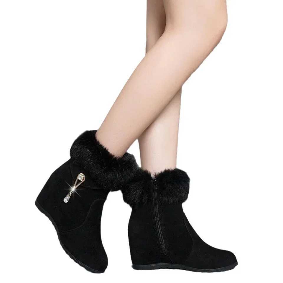 Winter Fashion Womens Wedge Ankle Boots Increase Height Shoes High Heels Metal Rhinestone Botas Mujer 2024 CL240906