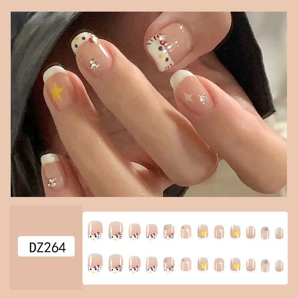 24 pieces of short squeeze nails pink cat French fake nails rhinestones shiny artificial reusable fake nails W240905
