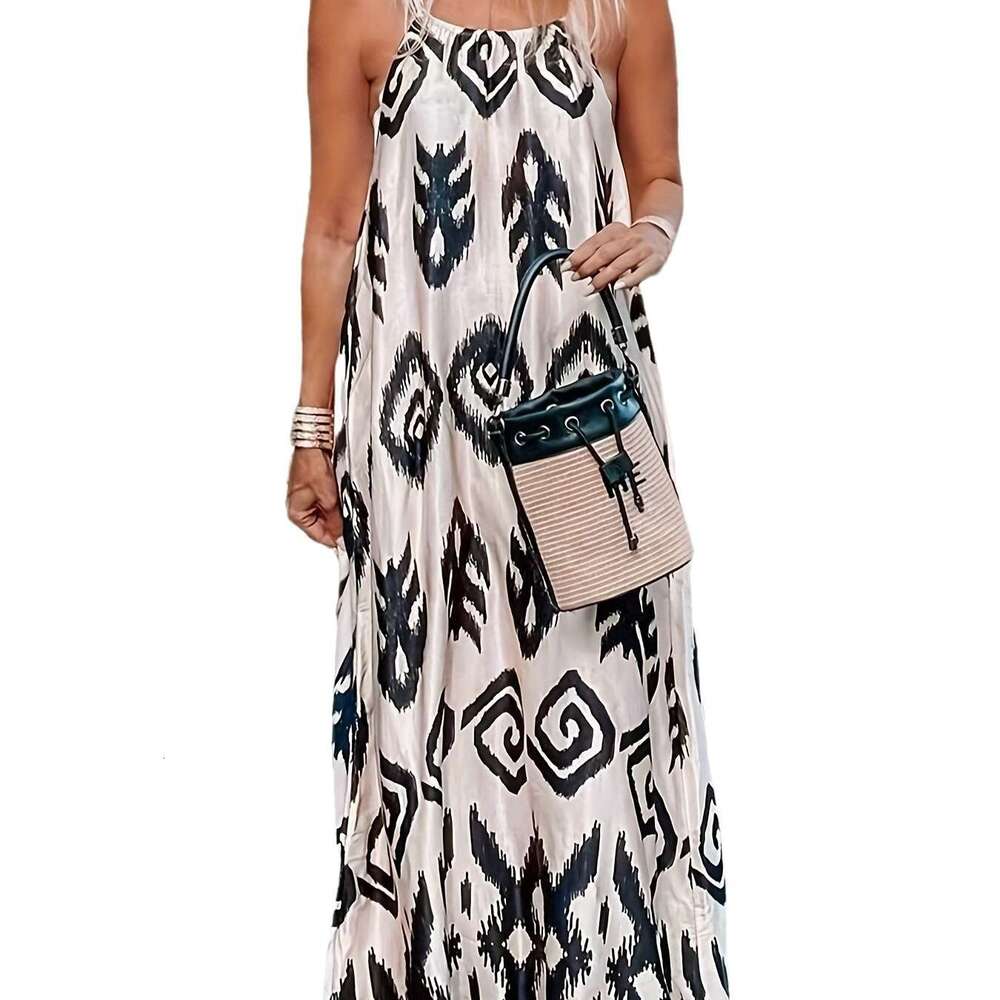 2024 Spring New Sleeveless Headband Women's Fashion Versatile Loose Print Long Dress for Women