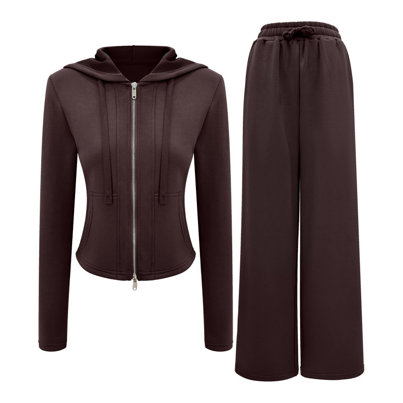 Sports suit women's new thick warm zipper hooded jacket yoga fiess loose wide leg pants two-piece set