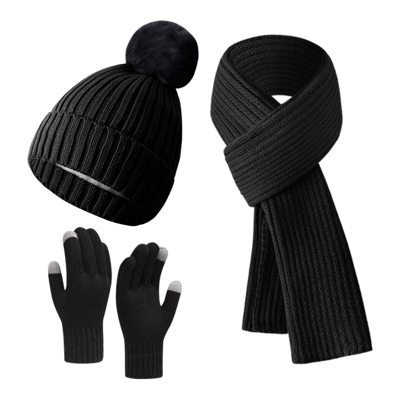 Winter pink warm hat warm gloves and Scarves Wool Knitted Yarn with Thick Velvet Soft Threaded Beanie Hat Winter Clothing Matching Warm Hats Three pie