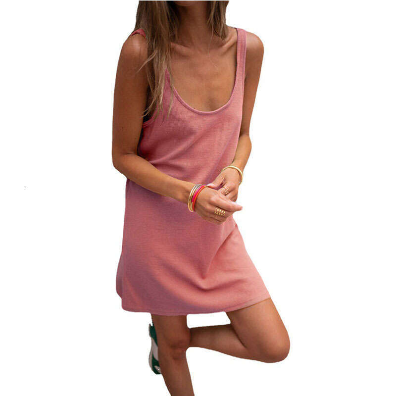 2023 New Solid Waffle Sleeveless Loose Strap Casual Tank Top Dress