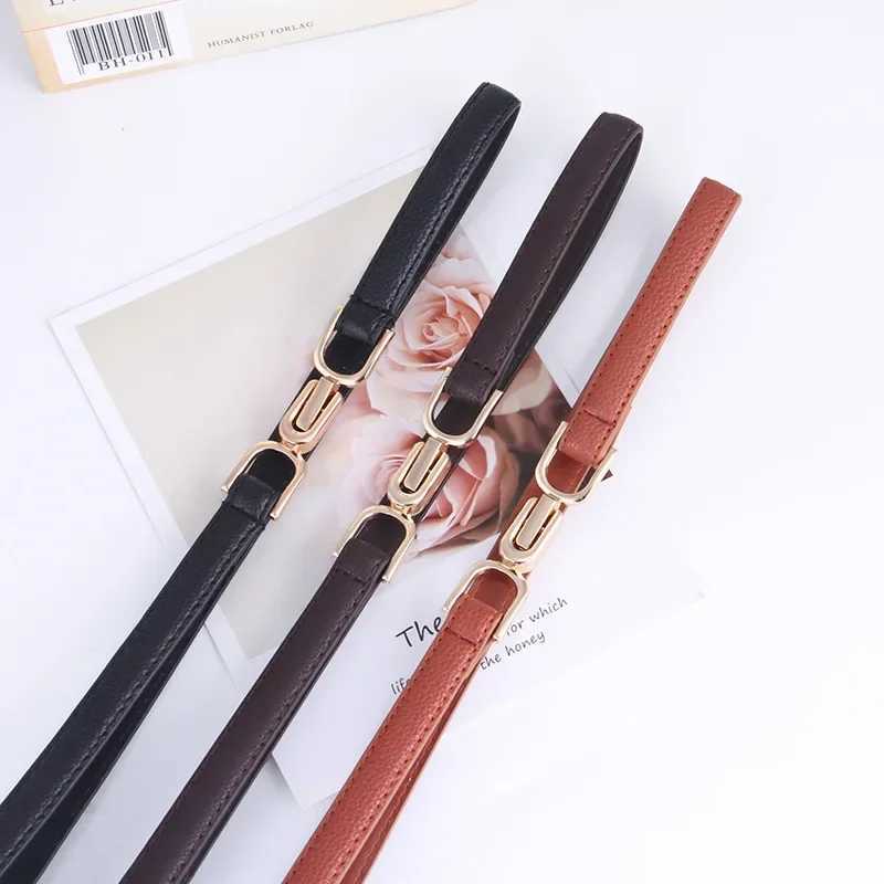 Adjustable PU leather womens dress with thin waist belt and gold buckle for women W240905