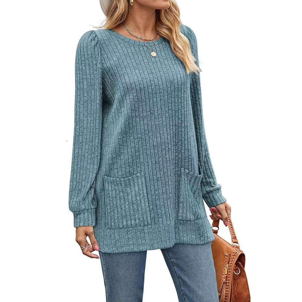 2024 Autumn/Winter New Pocket Top Loose Casual Bubble Sleeve T-shirt for Women
