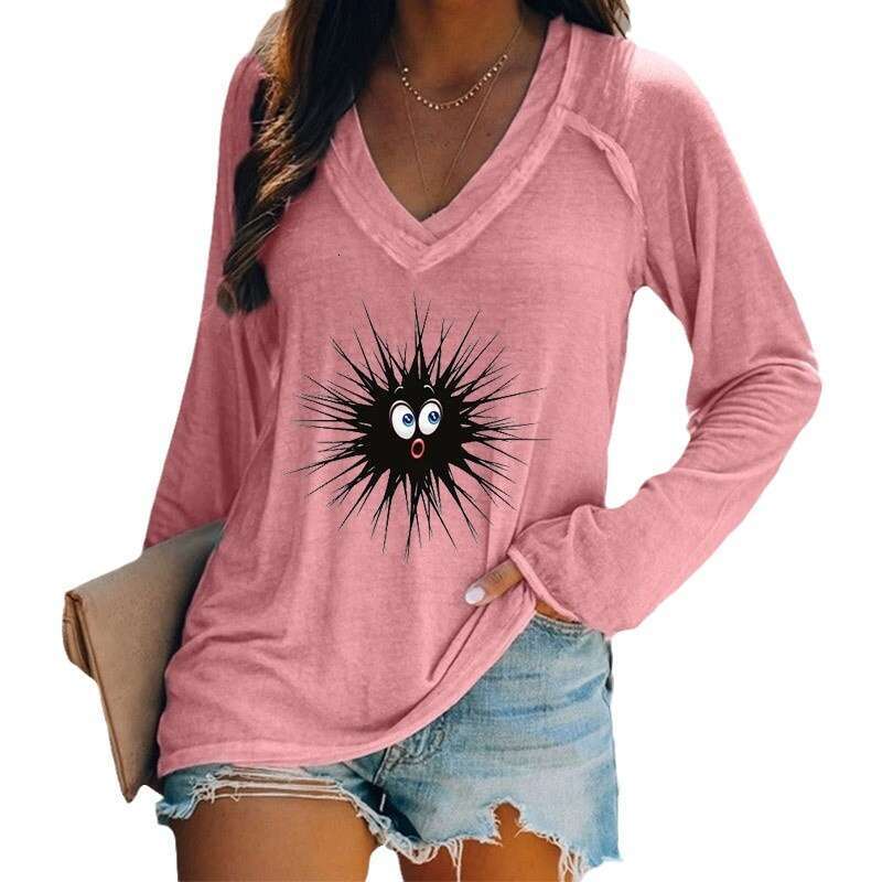 Womens printed abstract painting V-neck 3D womens long sleeved casual T-shirt top