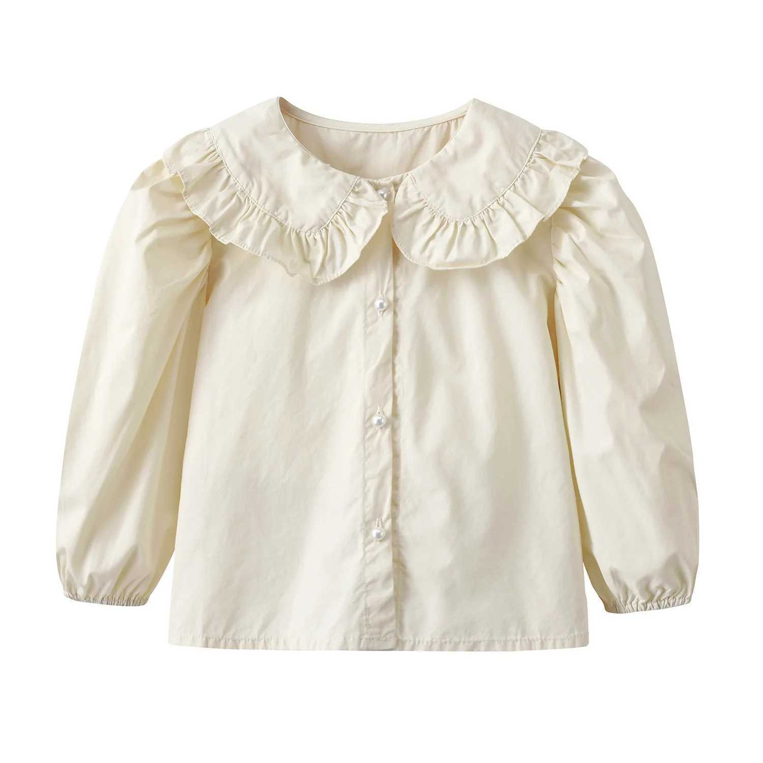 Korean New Children Blouse Solid Turn-Down Collar Ruffles Decor Long Sleeve Girls Shirts Vintage All-Matched Kids Tops Y240906