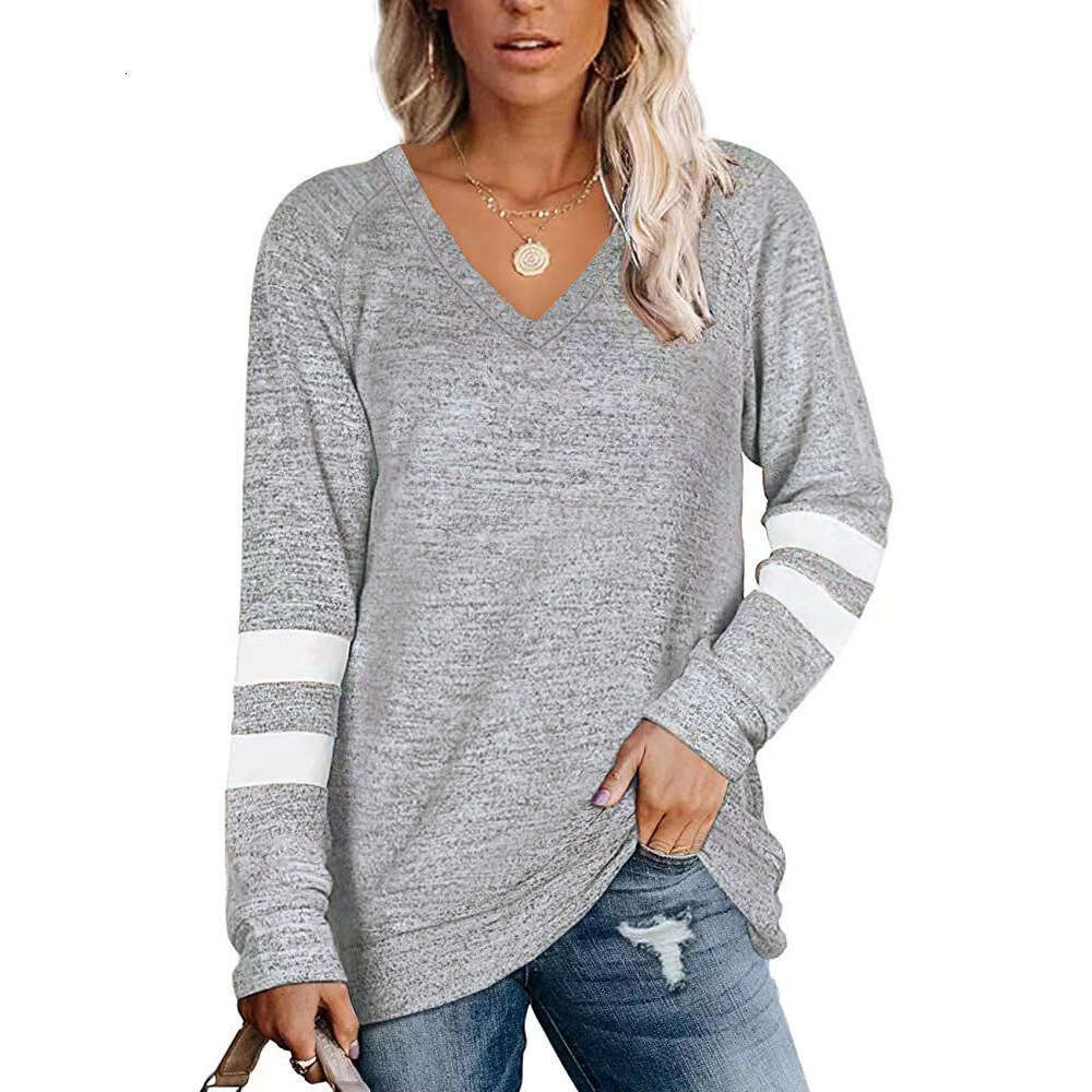 2022 Womens Long Sleeve Contrast Panel V-Neck Loose Casual T-shirt Top