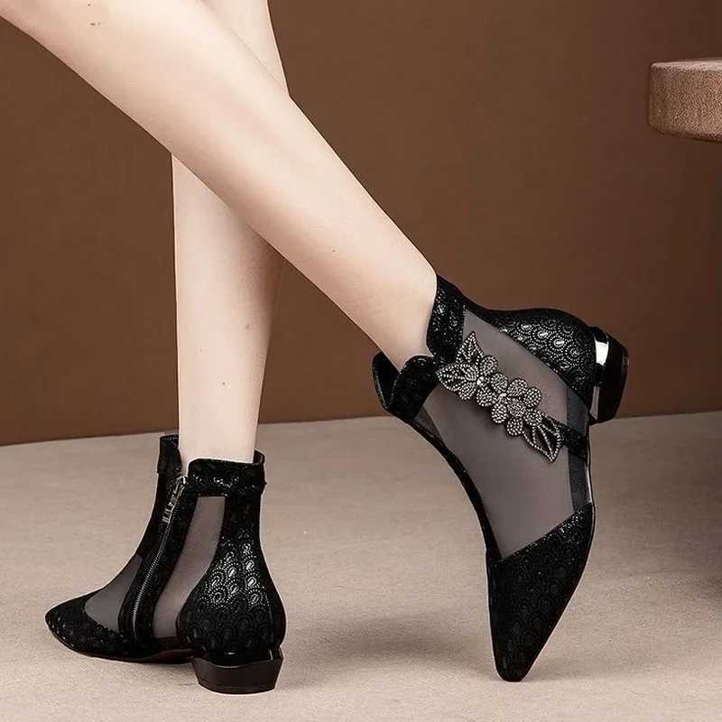 FHANCHU Womens Sandals Mid Heel Summer Mesh Shoes Soft Ankle Botas Rhinestone Corntoe Side Zipper Black Blue Down Jacket CL240906
