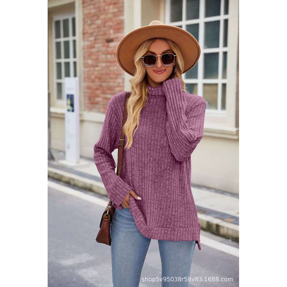 Autumn/Winter New High Neck Loose Long Sleeve Split T-shirt Top for Women