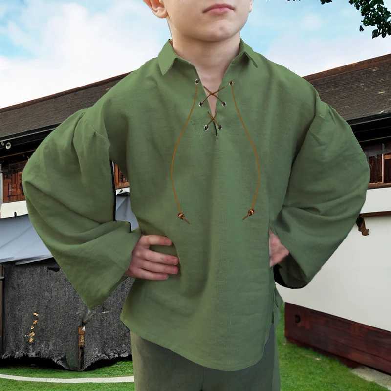 Boys Medieval Pirate Shirt Kids Renaissance Lace up Halloween Scottish Jacobite Ghillie Costume Tops Y240906