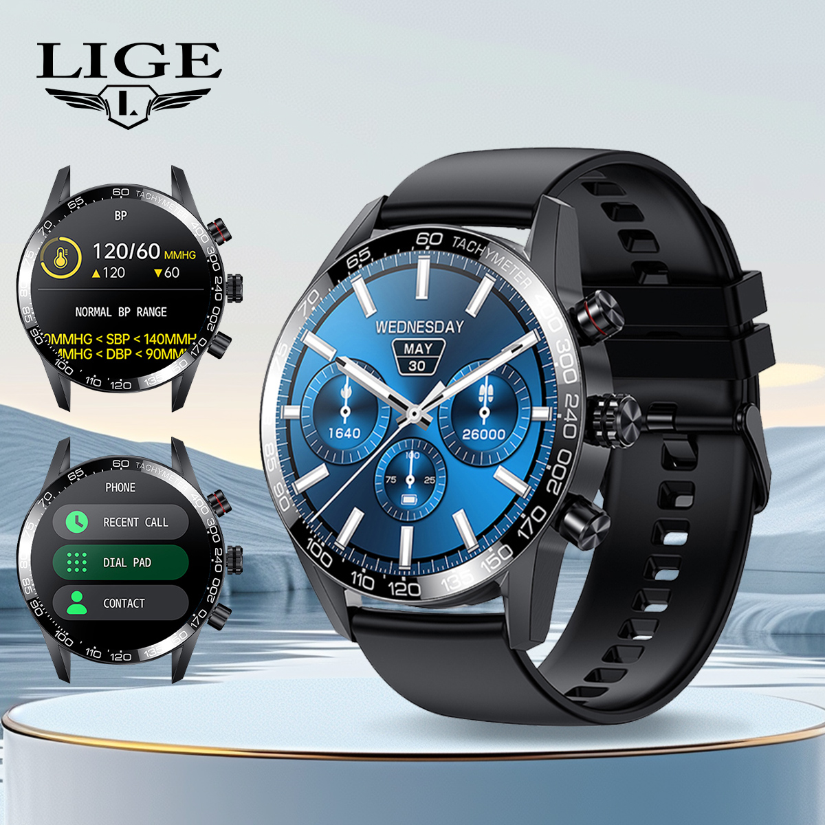 LIGE Business Men's Bluetooth Smart Call Watch, Step Counting, Heart Rate, Blood Pressure, Health Monitoring, Waterproof Multi functional Watch