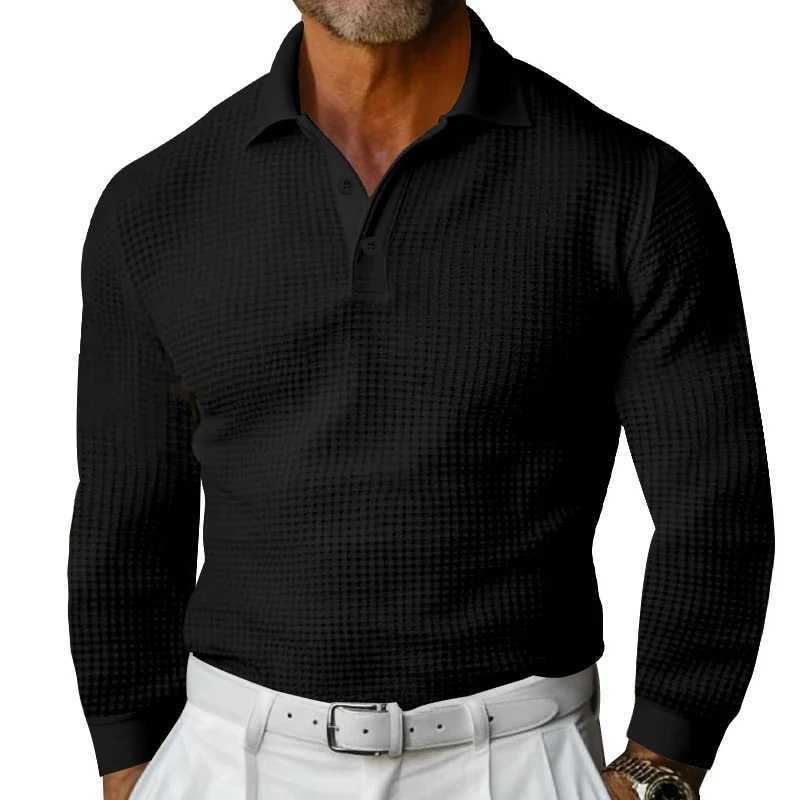 2024 New Business Casual Mens Polo Shirt Waffle Fabric Lapel Button Solid Color Long Sleeve Daily Simple Mens ClothingXJ240906