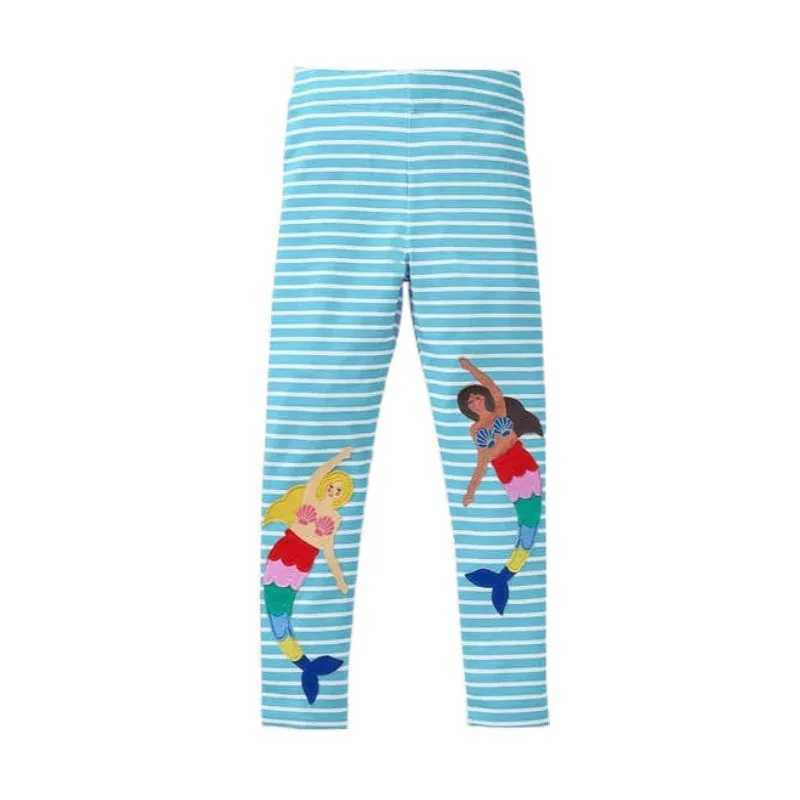 Jumping Meters Girls Blue Leggings Pants Mermaid Embroidery Autumn Spring Full Length Kids Trousers Stripe Toddler Pencil Pants Y240906