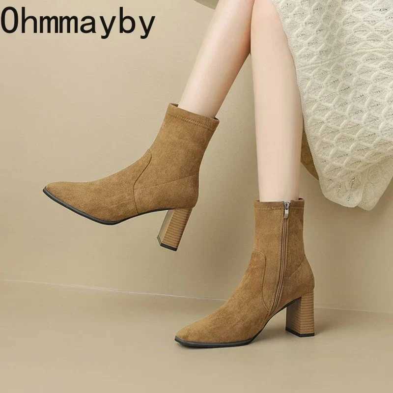 Street Style Square Toe Womens Ankle Boots Fashion and Elegant Zipper Shoes Autumn Thick High Heels Modern Short Boots CL240906