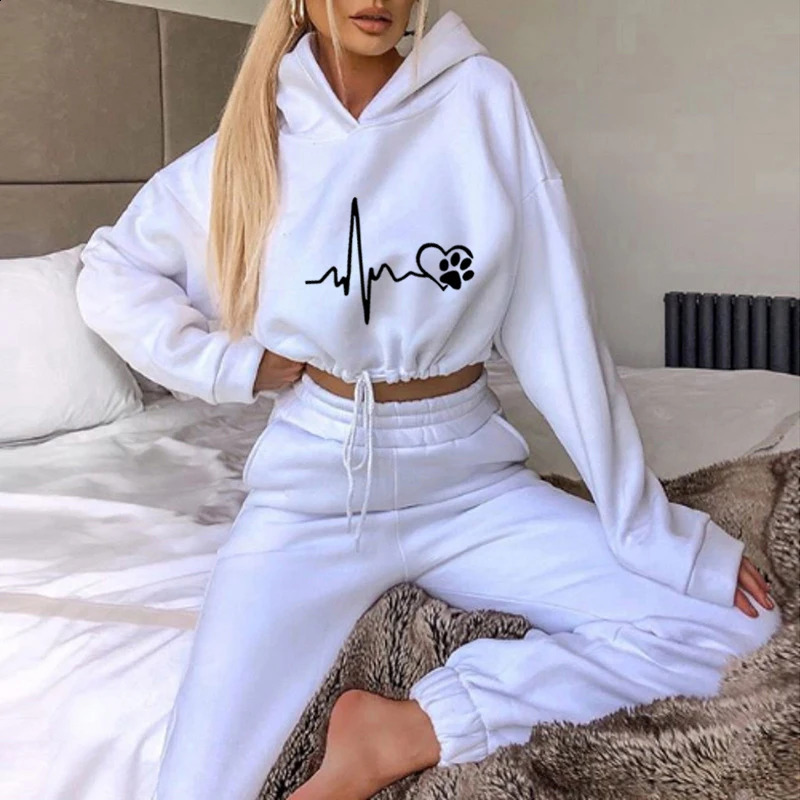 Womens Hooded Tracksuit Drawstring Sports 2 Pieces Set Jogging Pullover Sweatshirts Pants Suit Home Sweatpants Trousers Outfits 240906