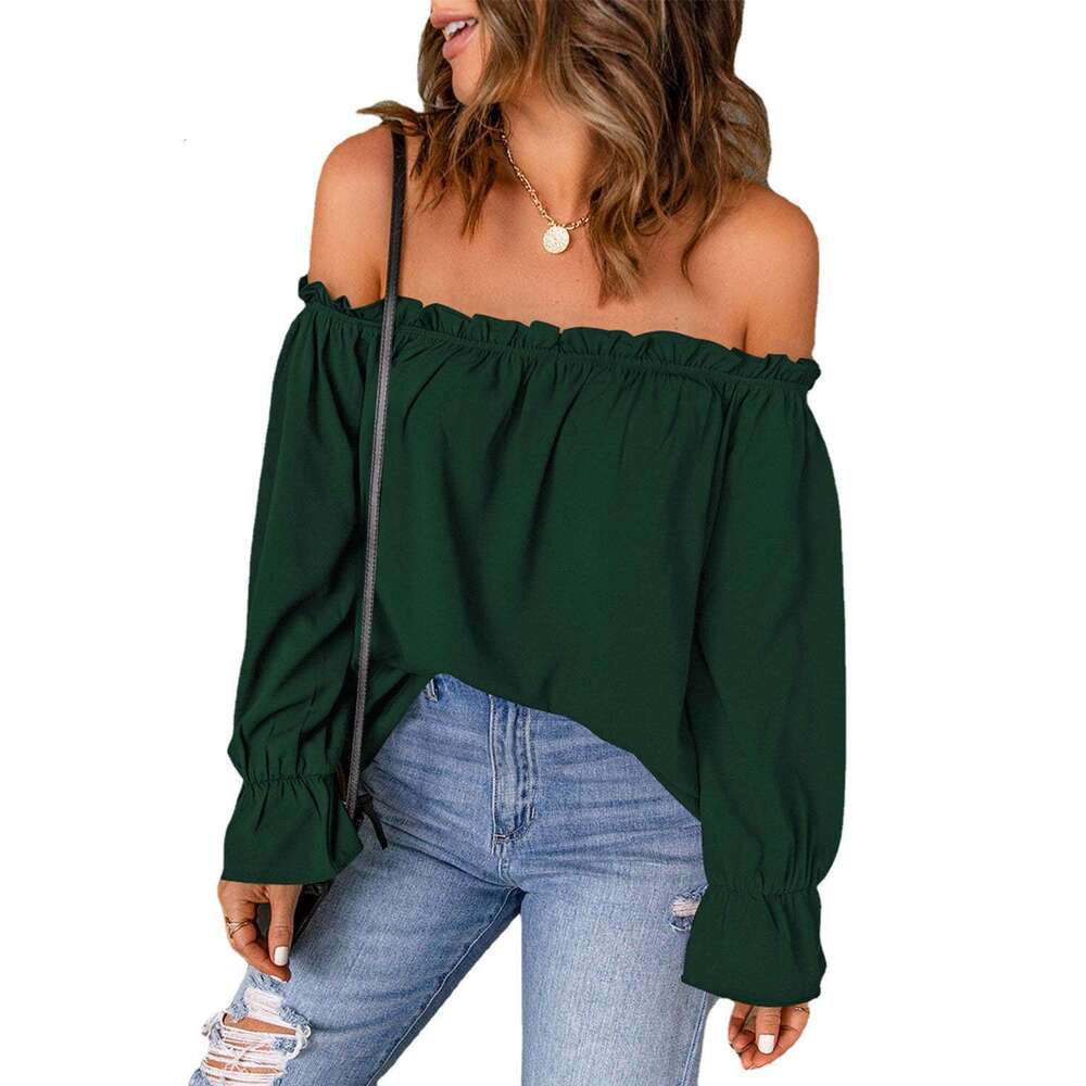 One line neck chiffon shirt Spring and Autumn new solid color pullover sexy off shoulder top for women