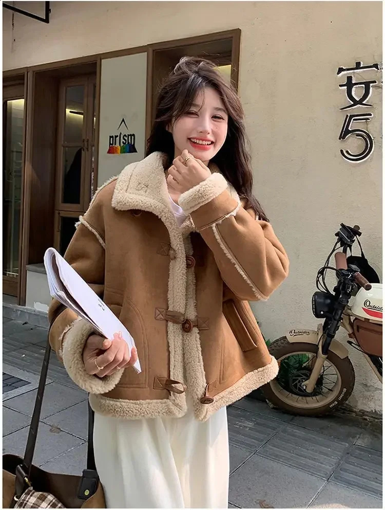 College style standing collar cashmere coat womens windproof and warm fur fashionable thick loose bicycle jacket 240905